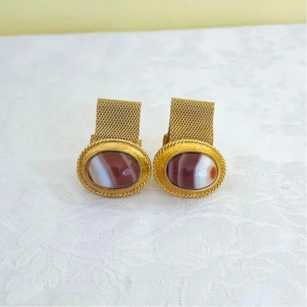 Cufflinks Vtg DANTE 70s Oval Banded Agate Cabochon Swag Mesh Gold Tone